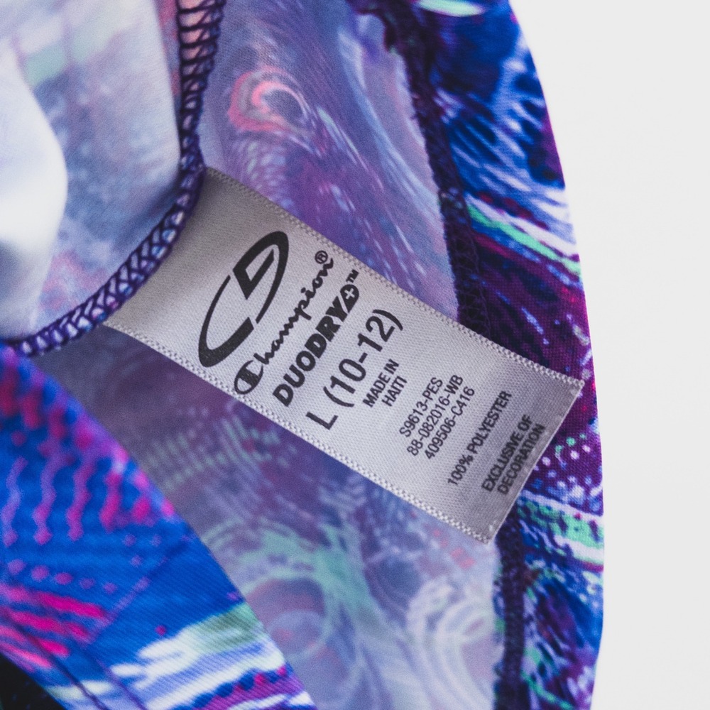 Champion Duo Dry Shirt Girls L 10-12 Purple‎ Blue Abstract Print Activewear Tee - Picture 4 of 5